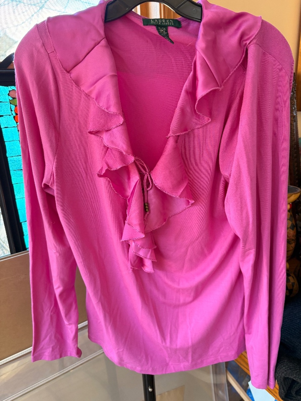 Lauren Ralph Lauren Magenta Blouse Ruffle Neck Laces Size XL